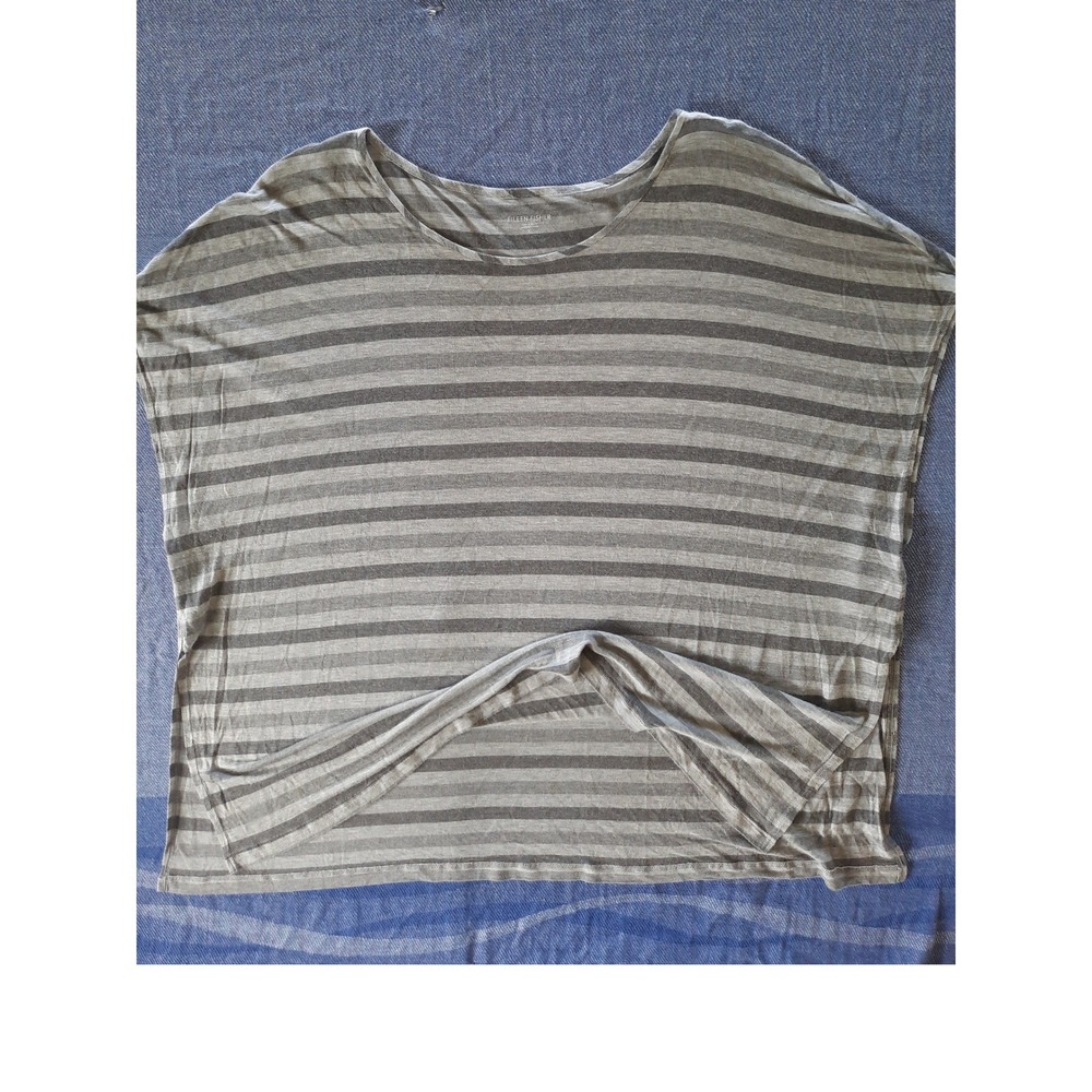 Eileen Fisher Womens XL Grey Striped Micro Modal Boxy Scoop Neck Top Shirt